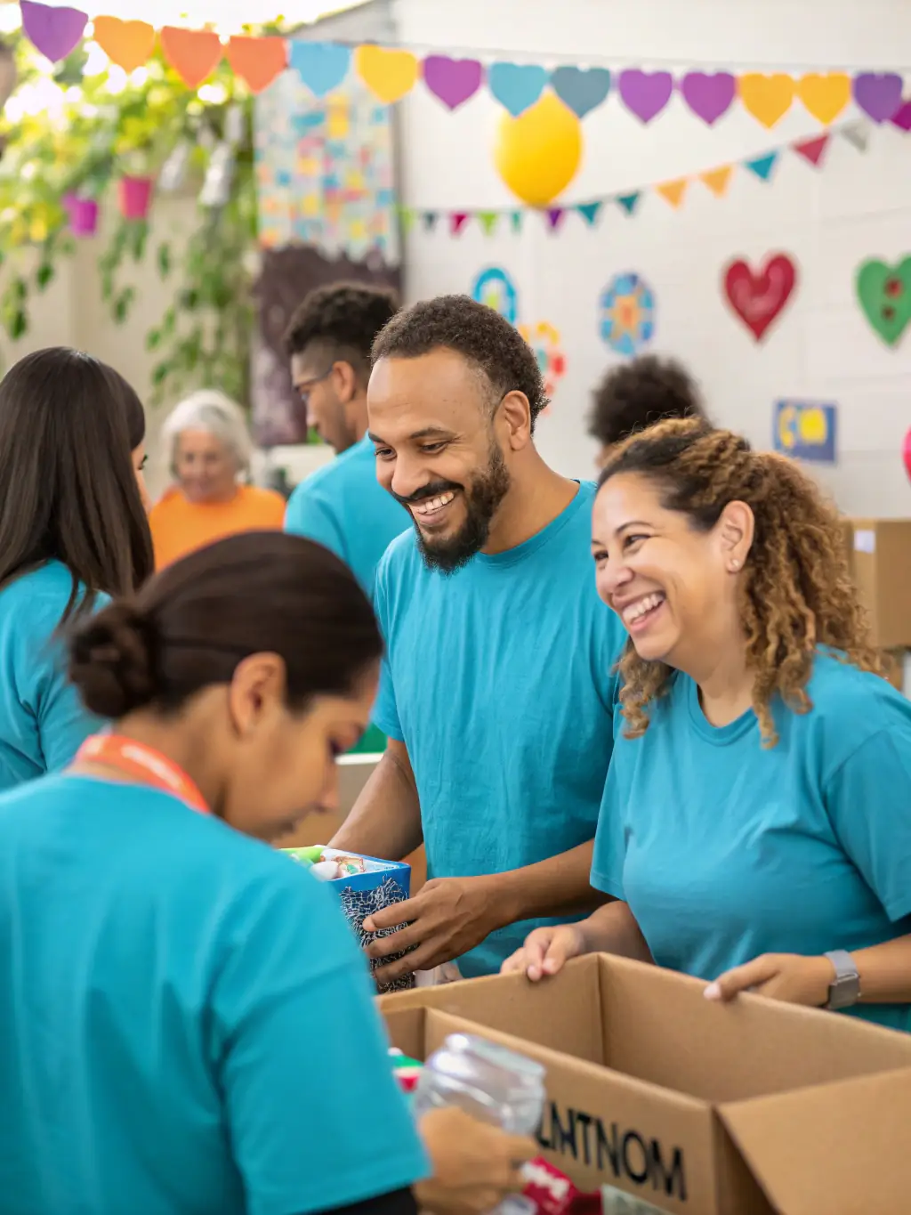 A group of volunteers assisting with event setup, demonstrating the community's involvement and support for Reyes Magos' mission.