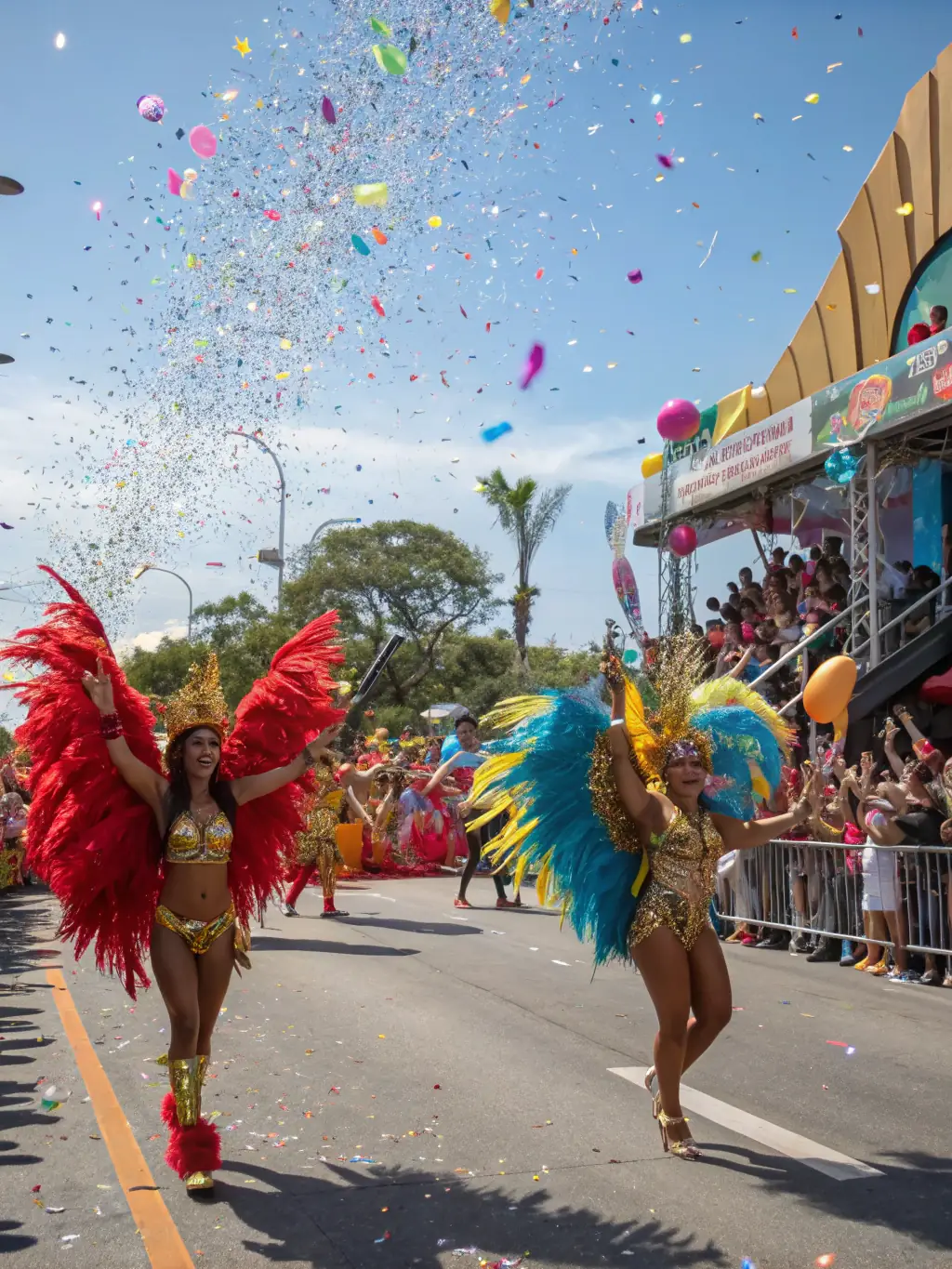 A dynamic image of a Carnival parade, showcasing participants in vibrant costumes dancing to lively music, with spectators cheering them on.