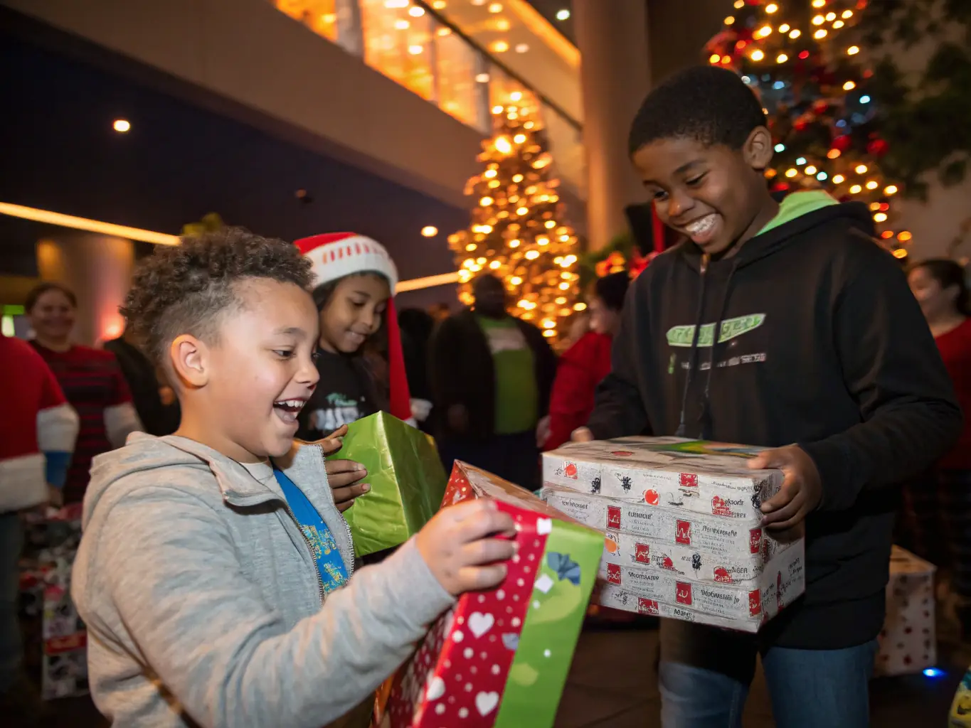 A vibrant photograph capturing the excitement of children receiving gifts during the Three Kings' Day celebration, showcasing the joy and cultural significance of the event.
